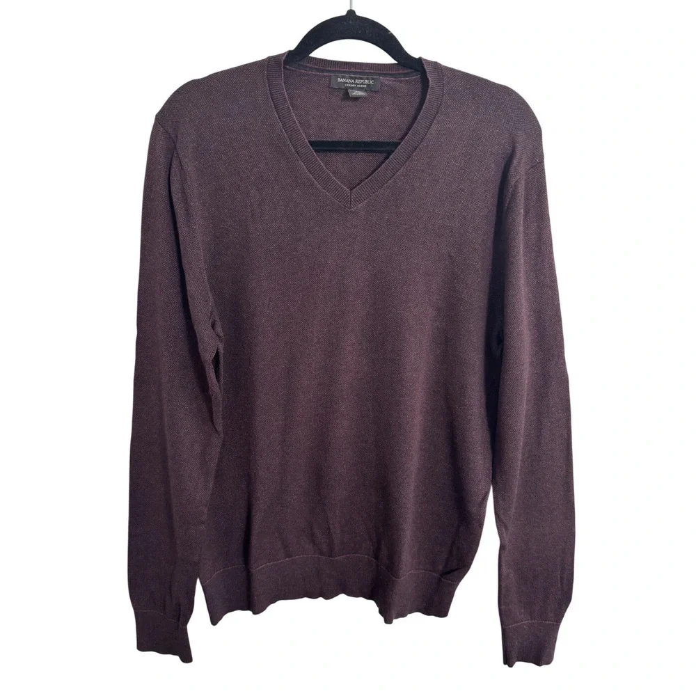Banana Republic Mens Birdseye V-Neck Silk Cashmere Blend Sweater Plum Burgundy M
